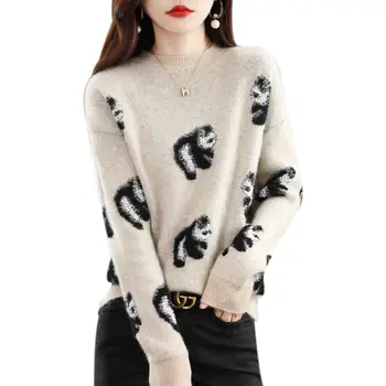 2023 Осень-зима, Высококачественный свитер, Жаккардовый Медведь, Модный Элегантный Женский вязаный свитер с круглым вырезом, Свободный Женский пуловер, свитер