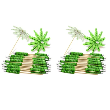 80X Зеленые зубочистки из кокосовой пальмы Бумажные зонтики Зубочистки ручной работы Палочки-зонтики для коктейлей для украшения коктейлей