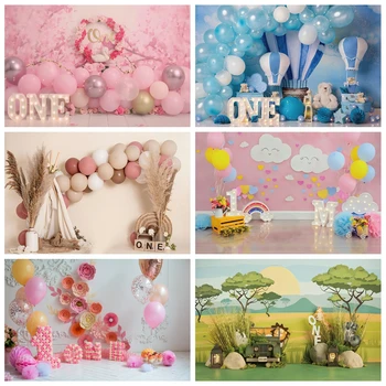 Laeacco Розовая цветочная стена Для фотосъемки принцессы на 1-й день рождения, воздушные шары, деревянный пол, фото-фон для фотостудии