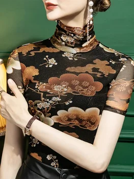 Winsleter, уличная футболка, футболка с коротким рукавом, женская сексуальная водолазка с цветочным принтом, тонкие сетчатые топы, лето-осень T37017JM