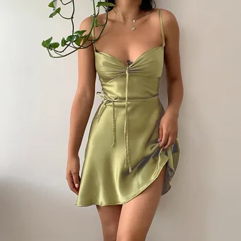 Атласное зеленое сексуальное платье-бретель на шнуровке, женское платье-камзол, Весна 2023, Новый стиль, тонкие короткие вечерние платья, летнее мини-платье
