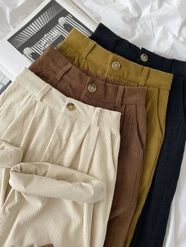 Винтажные вельветовые женские брюки кофейного цвета с высокой талией, широкие осенние повседневные Корейские офисные Женские брюки, новые