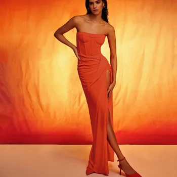 Высококачественное модное однотонное вечернее платье с открытой спиной и без бретелек с сексуальным разрезом, длинная юбка