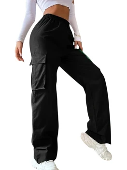 Женские брюки-карго, повседневные однотонные брюки свободного кроя с высокой талией, прямые, с множеством карманов