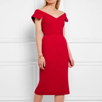 Женское Красное Однотонное платье с Глубоким V-образным вырезом, Элегантное платье-футляр, Вечерние платья, 10004