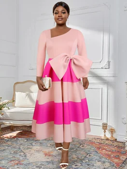 Женское розовое платье трапециевидной формы в стиле пэчворк, со складками, с длинными рукавами, асимметричный воротник, Блочный цвет, африканские женские платья, праздничные халаты, Новинка