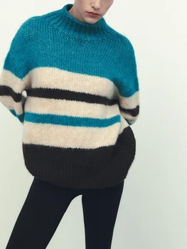 Зимняя одежда, женские пуловеры, свитера 2023, повседневный полосатый свитер оверсайз, джемпер с имитацией горловины, вязаный свитер с длинным рукавом, пуловер