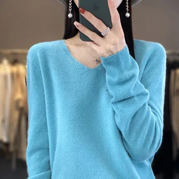 Кашемировый свитер из 100% чистой шерсти, женский пуловер с V-образным вырезом, женское пальто, осенне-зимний однотонный модный повседневный вязаный топ