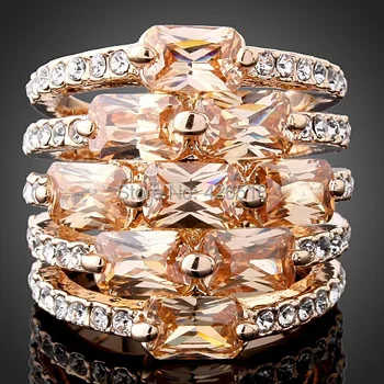 Кольцо с цирконом из настоящего Розового золота, многослойные обручальные кольца, ювелирные изделия из австрийских кристаллов с микропавлением