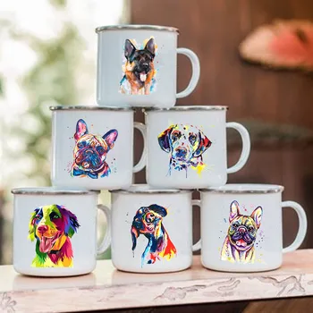 Креативные кофейные чашки с акварельным рисунком собаки Напитки Вино Пиво Сок Молочные чашки Походная кружка Ручка Эмалированные кружки Подарки для собак любителей