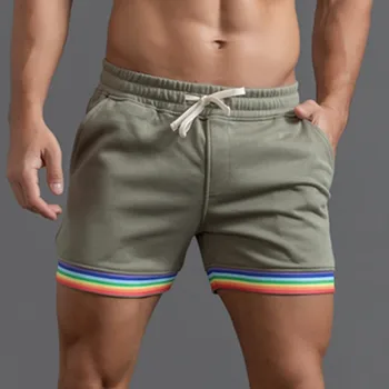 Летние трехточечные брюки, мужские шорты с радужной отделкой, эластичные карманы на талии, шорты для фитнеса, тонкие спортивные плавки для бодибилдинга