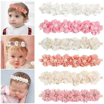 Милые повязки на голову для маленьких девочек Эластичные Нейлоновые Детские повязки с жемчугом и цветами для новорожденных, Повязка для волос для малышей, Головные Уборы, Аксессуары для волос