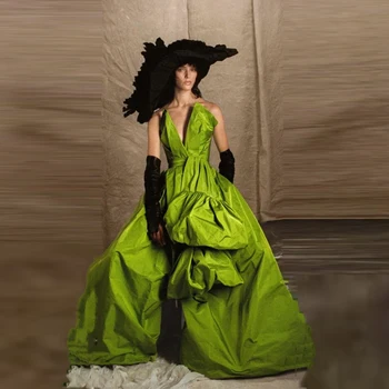 Новейшее неоново-зеленое макси-платье с V-образным вырезом и рюшами, модные женские платья для вечеринок 2024 года, Длинные вечерние платья по индивидуальному заказу длиной до пола