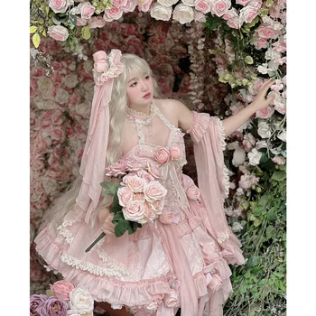 Новое Оригинальное Японское Модное Розовое Платье Harajuku Cool Girl, Женское Платье в стиле Лолиты, Тонкое Милое Платье Kawaii Fishbone Rose Jsk