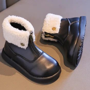 Новые детские зимние ботинки 2023, повседневные детские ботинки из искусственной кожи на платформе и молнии спереди, модные пушистые черно-коричневые хлопчатобумажные ботинки для девочек