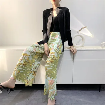 Новые летние брюки Miyake с разрезом по бокам и цифровым принтом, плиссированные широкие брюки, удобная повседневная женская одежда, одежда
