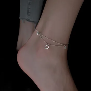 Новый ножной браслет из серебра 925 пробы с геометрическим кругом, летняя двухслойная цепочка на щиколотке для женщин, модные ювелирные аксессуары