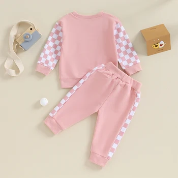 Одежда для новорожденных девочек свитшоты с круглым вырезом и длинными рукавами с шахматным принтом, длинные брюки, осенние наряды из 2 предметов