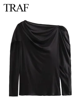 Осенняя элегантная женская однотонная блузка, повседневный топ с длинным рукавом, модные женские шикарные винтажные рубашки из драпа, блузы, Свободные топы