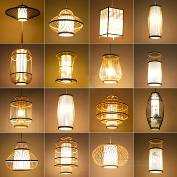 Подвесные светильники в китайском стиле, светодиодный декор гостиной, лампа для ресторана, спальни, Идиллическое искусство, Фонарь ручного плетения, Бамбуковый светильник
