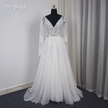 Свадебное платье с длинным рукавом и V-образным вырезом Трапециевидной формы, украшенное кружевной аппликацией, расшитой бисером, с открытой спиной, Иллюзорный корсет, Свадебное платье
