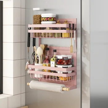 Стеллаж Для Хранения Кухонного Холодильника Микроволновая Печь Боковой Подвесной Многоцелевой Магнитный Всасывающий Не Пробивающий Стеллаж Для Хранения Приправ