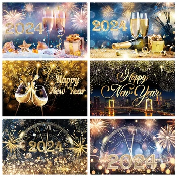 Фон для Новогодней Вечеринки 2024 Года Фейерверк Часы Боке С Шампанским Фотосессия Декор Для Празднования Вечеринки Баннер Фон Реквизит Для Фотосессии
