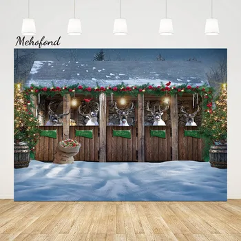 Фотофоны Mehofond Зима на открытом воздухе С Рождеством, декор в виде оленя, деревянный дом, Рождественская елка, лес, Ночной Снежный фон
