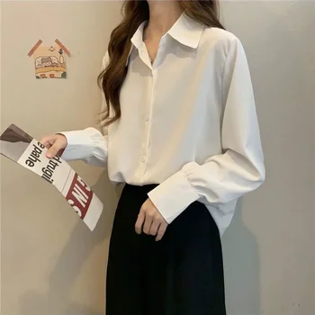 Шифоновая блузка, женские белые топы с длинными рукавами, весна 2023, Корейская модная рубашка, однотонная Нишевая Свободная рубашка для женщин Больших размеров