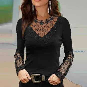 Элегантная женская сексуальная кружевная футболка с глубоким V-образным вырезом и длинным рукавом, осенне-зимняя офисная Женская однотонная Приталенная Футболка S-XXL