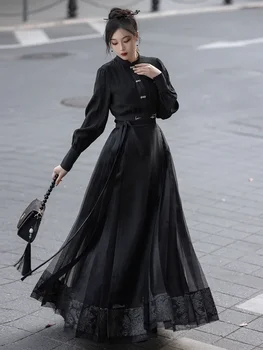 Элегантная современная юбка Hanfu в китайском стиле с черной вуалью в виде лошадиной морды для весеннего женского наряда, традиционная китайская одежда для женщин