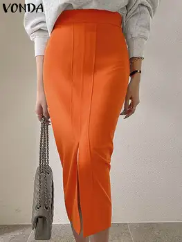 Элегантные офисные юбки 2023 VONDA Женская осенняя мода Повседневные юбки Bud с высокой талией Однотонные низы Оверсайз