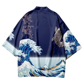 Японский кардиган Samurai с принтом карпа Kanagawa Wave Оверсайз Haori Для женщин и мужчин, кимоно Harajuku, топы для косплея, блузка, одежда Юката