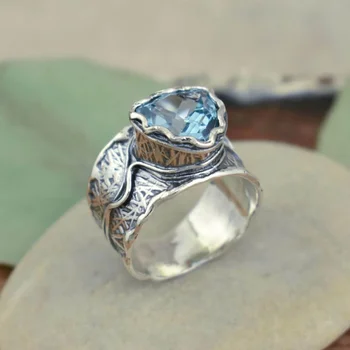 Винтажный дизайн, серебристый цвет, женская индивидуальность, этническое кольцо с синим цирконием для женщин, богемные ювелирные аксессуары, подарок на годовщину
