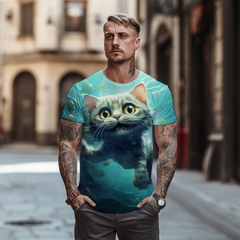 Графическая футболка с 3D принтом Кота, Уличная Оригинальная Домашняя Мужская Футболка Оверсайз, Летняя Модная Повседневная футболка с круглым вырезом