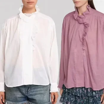 Женская рубашка 2023, Новая Однобортная рубашка с гофрированным воротником, Однотонная Универсальная повседневная блузка с длинным рукавом