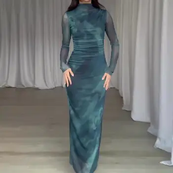 Женское платье Миди из шелковой сетки 2023, осеннее женское винтажное длинное платье с длинным рукавом, женское элегантное тонкое платье