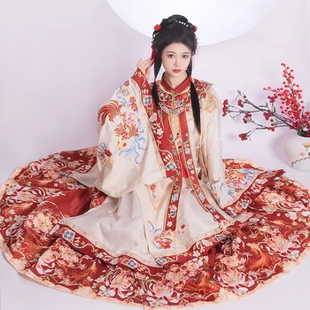 Комплект из трех предметов, китайское новогоднее свадебное платье Hanfu в стиле Мин, осенне-зимнее свадебное платье в новогодне-красном стиле, vestido hanfu