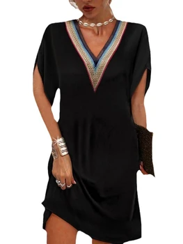Летнее черное платье контрастного цвета с V-образным вырезом, женская мода, повседневный Свободный Элегантный пуловер, вечерние платья с коротким рукавом