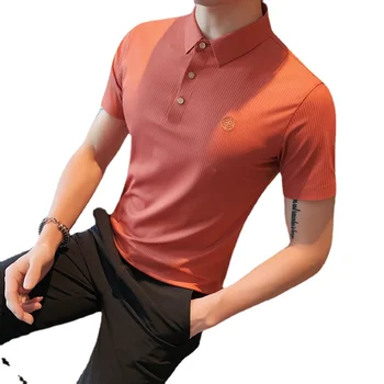 Летняя высококачественная рубашка поло в полоску с короткими рукавами 2022 года, мужская летняя повседневная футболка с лацканами из ледяного шелка, с бесшовными лацканами