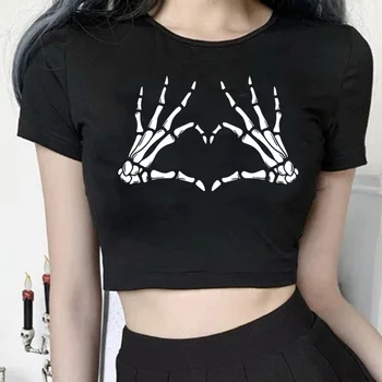 Мода Y2K Скелет хиппи 90-х укороченный топ Женский эстетичный дрянной Harajuku милая укороченная футболка