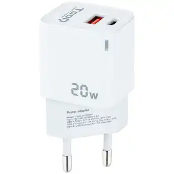 Настенное зарядное устройство TooQ с 2 портами, USB-C PD и USB-A QC мощностью 20 Вт, быстрая зарядка белого цвета