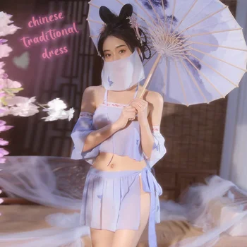Сексуальное женское белье, Китайская Традиционная одежда, Женская пижама с открытой спиной, Сетчатая, Прозрачная, Древняя юбка Cheongsam Fairy Hanfu