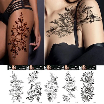 Сексуальные черные наклейки с поддельными татуировками в виде большого змеиного цветка для женщин, временные татуировки в виде розы и пиона, татуировки с переносом воды своими руками для девочек