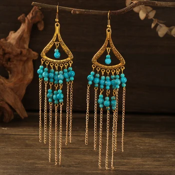 Серьги-капли с кисточками в богемном стиле, длинные винтажные серьги-цветы в стиле ретро с голубым камнем, женские украшения с геометрическими бусинами, подарки