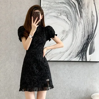 Черное летнее платье русалки с пышными рукавами в китайском стиле Ципао