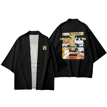 Японское кимоно с принтом панды, тигра и кролика из мультфильма, уличная одежда Harajuku Haori, Мужской Женский кардиган, рубашки для косплея, Юката